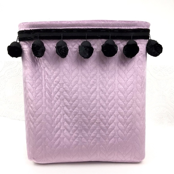 Lavender velvet chenille pom pom trim storage bin basket container - Picture 1 of 8